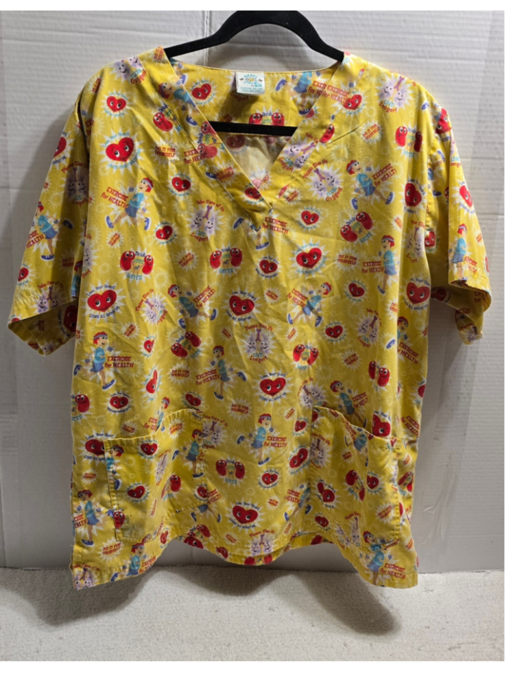 Women's Happy Scrubs Yellow Red Health Print Scrub Top One Size
